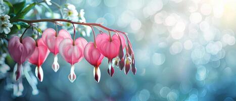 Pink Bleeding Heart flowers dangling elegantly with a bokeh light background, symbolizing grace and nature's beauty. photo