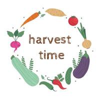 Harvest time, vegetables round frame. Autumn frame with stylized vegetables. Isolated illustration for your design vector