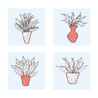 Set of flowers vases in doodle style. vector