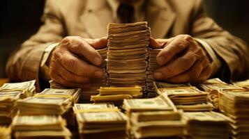 Hands organizing large stacks of cash bundles on a table, highlighting wealth, finance, and money management themes. photo