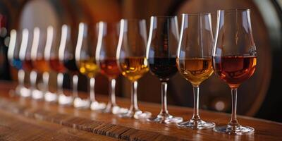A row of different wine glasses filled with various types of wine, placed on a wooden counter in a winery. photo