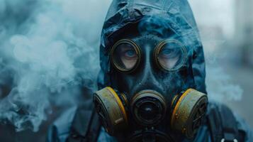 A hooded individual in a gas mask surrounded by thick smoke, highlighting urban survival and air quality concerns. photo