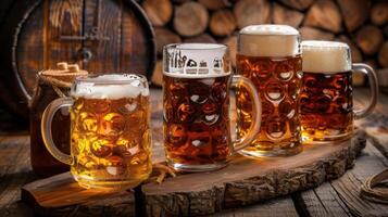 Four mugs of beer with different levels of foam on a wooden plank, set in a rustic bar environment. photo