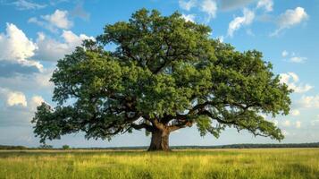 A majestic oak tree stands alone in an open field under a bright blue sky, epitomizing natural beauty and strength. photo