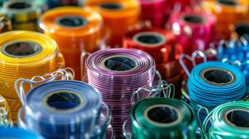 Close-up of various colorful rolls of electrical wire, neatly arranged, showcasing their vibrant hues and textures. photo