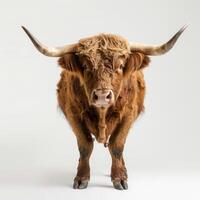 Front view of a highland cow with large horns, standing against a plain white background, highlighting its distinct features. photo