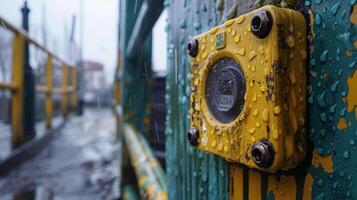 Close-up of a wet yellow industrial button on machinery in rainy weather, highlighting outdoor equipment and industrial environment. photo