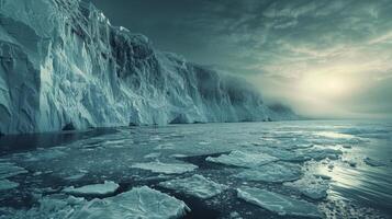 Vast frozen landscape with a towering iceberg and floating ice chunks, under a dramatic sunset sky. photo