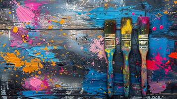 Three paint brushes covered in vibrant paint, resting on a colorful and artistic splattered canvas. photo