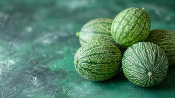 Group of small, fresh striped melons placed on a textured green background, showcasing their vibrant pattern and texture. photo
