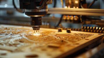 A CNC router in operation, intricately carving detailed patterns into a wooden board. photo