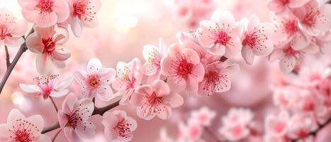 Delicate cherry blossoms against a radiant pink bokeh background, symbolizing spring's gentle beauty. photo
