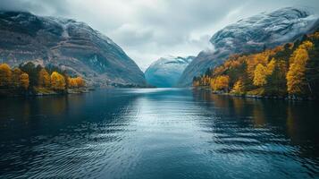 un tranquilo paisaje capturar el vibrante otoño colores reflejado en el calma aguas de un montaña lago. foto