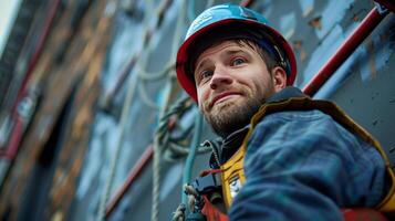 A construction worker in a helmet looks upwards with confidence at a work site, representing safety and professionalism. photo