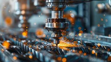 Close-up of a CNC machine in operation, showcasing precision engineering with sparks flying, indicating industrial activity. photo