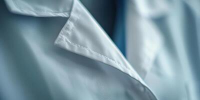 Close-up of a lab coat worn by a professional scientist, emphasizing the fabric and button details in a clinical setting. photo