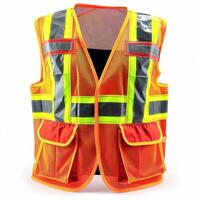 Front view of a high visibility reflective orange safety vest with multiple pockets against a white background. photo