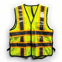 Bright yellow safety vest with reflective stripes isolated on white background for worker safety. photo