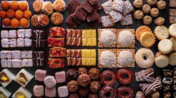 A top view of a wide assortment of colorful gourmet pastries and sweets, including cakes, cookies, and chocolates. photo
