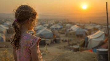 Young girl with back turned, overlooking a refugee camp at sunset, symbolizing hope, resilience, and displacement. photo