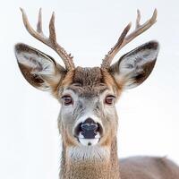 Close-up of a majestic white-tailed deer with antlers against a white background. photo