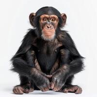 Highly detailed portrait of a chimpanzee sitting calmly against a white studio background. photo