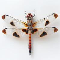 A macro photograph showcasing the intricate patterns and vibrant colors of a dragonfly's wings against a white backdrop. photo
