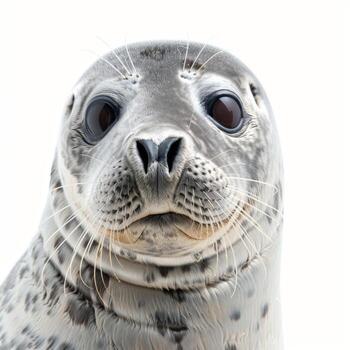 An adorable seal with a seemingly smiling face, close-up portrait isolated on a white background. photo