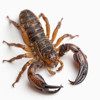 A close-up shot of a Cape marbled scorpion displaying its detailed exoskeleton on a white background. photo