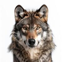 A close-up portrait of a majestic grey wolf with intense eyes against a white background. photo