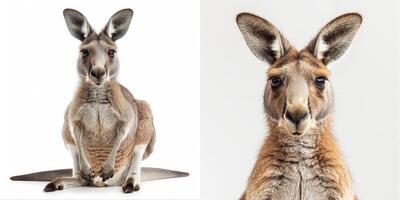 A close-up portrait of a kangaroo with large ears and brown eyes, isolated on white. photo