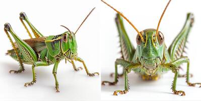 Macro photo of a vibrant green grasshopper, highlighting intricate details against a white background.