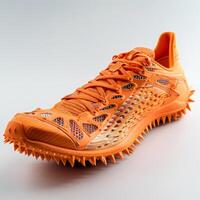 A bright orange running shoe with distinctive spikes, designed for high performance and traction in athletic activities. photo
