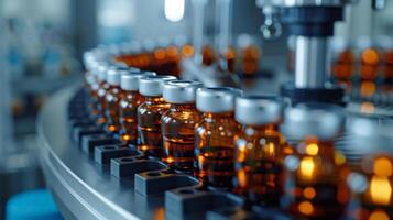 An automated production line with a series of orange liquid-filled pharmaceutical bottles in a laboratory setting. photo