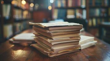 A cozy library scene with stacks of books on a wooden table, capturing a quiet and studious atmosphere. photo