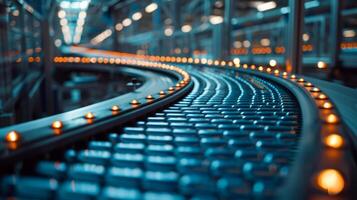 Close-up view of a conveyor belt in a factory, illuminated by lights, representing industrial automation and manufacturing efficiency. photo