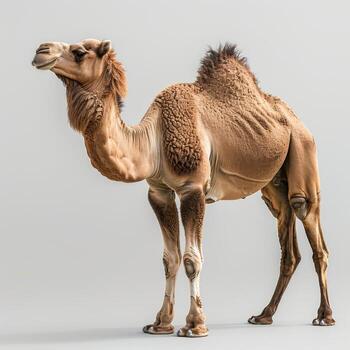 A solitary camel standing elegantly against a clean white background, full side profile visible. photo