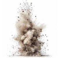 An intense explosion simulation creating a powerful dust cloud, illustrating dynamic motion on a clean white background. photo