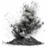 Dynamic simulation of a volcanic explosion, capturing the force and motion of erupting debris on a white background. photo