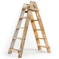 An old wooden step ladder with paint splatters, isolated on a white background. photo