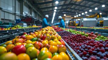 Workers in protective clothing sorting colorful fruits on a conveyor belt in an industrial setting. photo