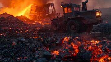 Glowing hot coal and machinery in a mine at nightfall depict intense industrial activity and energy production. photo