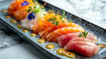 Exquisite sashimi platter artfully presented with vibrant garnishes on stylish tableware, embodying culinary art. photo