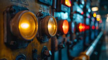 Close-up of an industrial control panel with illuminated buttons and switches, displaying various lights and controls. photo