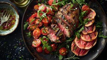 Succulent sliced grilled steak atop a fresh tomato and arugula salad, sprinkled with herbs, ready to serve. photo