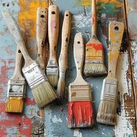 A collection of used paint brushes with various paint marks on a rustic, colorful wooden surface. photo