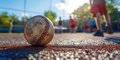Close-up of a dirty baseball lying on a field, with children playing in the background under sunny skies. photo