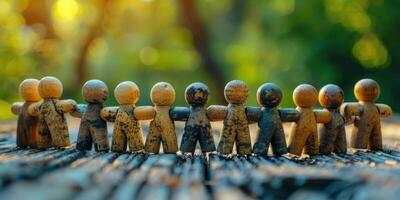 A close-up of handcrafted wooden figures holding hands, symbolizing unity and community against a natural background. photo