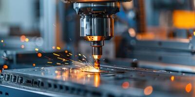 Close-up of a CNC machine tool operating with sparks flying, depicting precision engineering and industrial manufacturing. photo