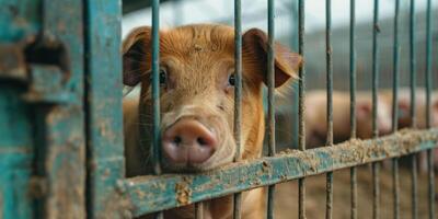A pig peeks through the metal bars of its pen, highlighting the conditions of farm animal enclosures. photo